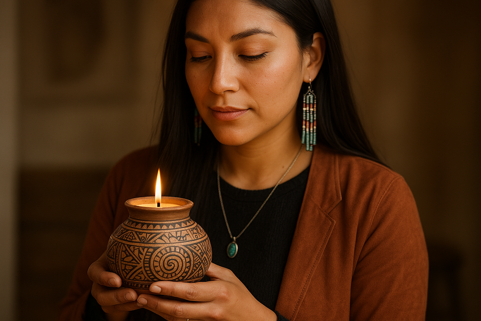 Modern Native American woman holding a beautiful hand crafted candle holder having a candle lit 